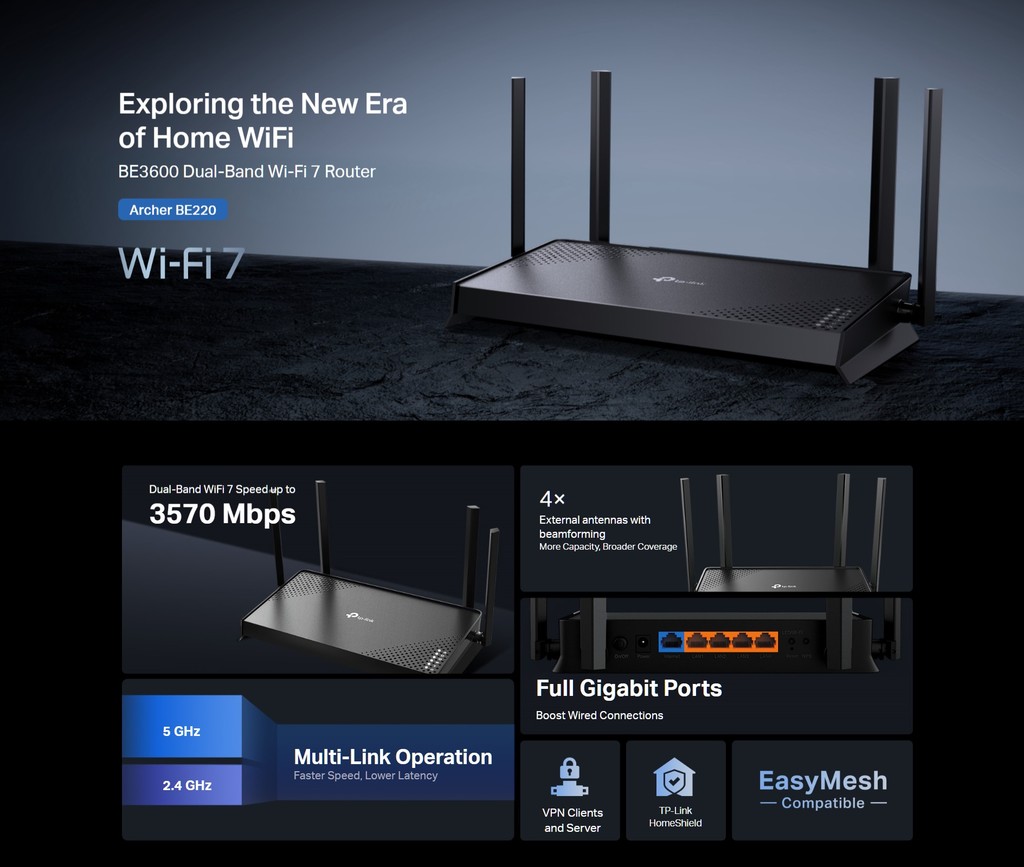 TP-Link Archer BE220 BE3600 Dual-Band Wi-Fi 7 Router | VGDC SDN BHD