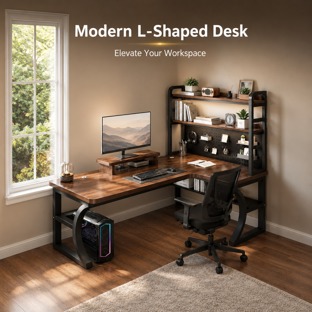 L-Shaped Computer Desk with Bookshelf and Pegboard Heavy-Duty Corner Gaming Desk for Home Office Study Workstation