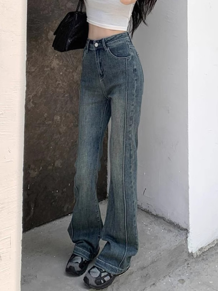 Pakio S-2XL (24-31) Women Jeans Korean Style Plain High Waist Casual Denim Straight-Leg Trousers