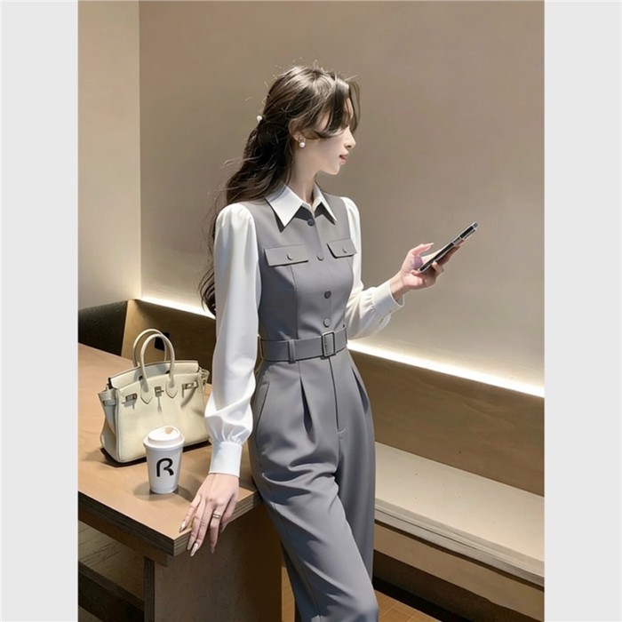 Fashion Light Luxury Generous Decent Trousers Women 2026 Autumn French Style Temperament Yujie Narrow-Waisted Fake Two-Piece Gray Jumps