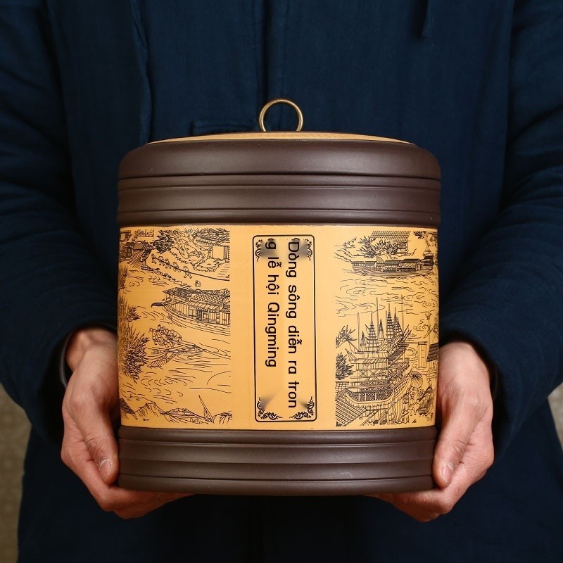 Yixing Zisha ceramic tea box, seven son cake, Pu'er tea storage, special sealed large tea box,