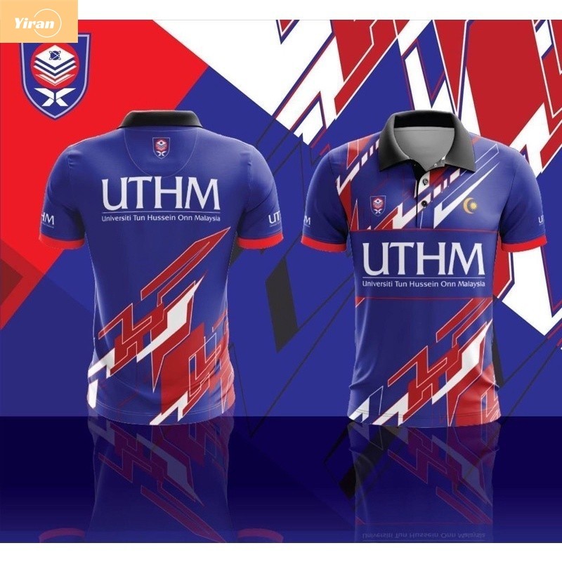 Men UTHM Red Blue Geometric Graphic Polo Jersey Quick‑Dry Campus Alumni Collared Tee