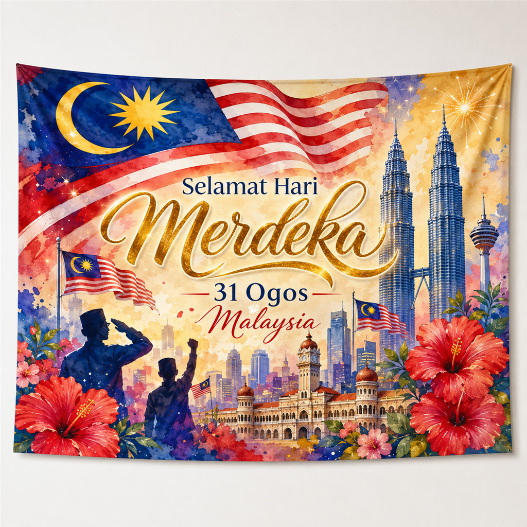 【stock】Banner Hari Merdeka 2026 Ke-69 Reka Bentuk Kaligrafi Emas Bercahaya Kain Poliester Cetakan HD 6 Saiz Lengkap Backdrop Fotografi Sambutan Perayaan Sekolah Komuniti Pemasangan Mudah2026 Merdeka Banner 69th National Day,Malaysia Flag,August 31,Polyest