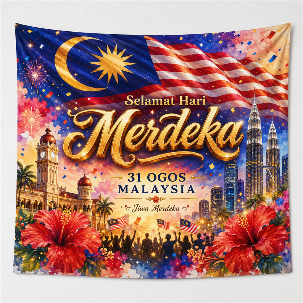 【stock】Banner Hari Merdeka 2026 Ke-69 Reka Bentuk Kaligrafi Emas Bercahaya Kain Poliester Cetakan HD 6 Saiz Lengkap Backdrop Fotografi Sambutan Perayaan Sekolah Komuniti Pemasangan Mudah2026 Merdeka Banner 69th National Day,Malaysia Flag,August 31,Polyest