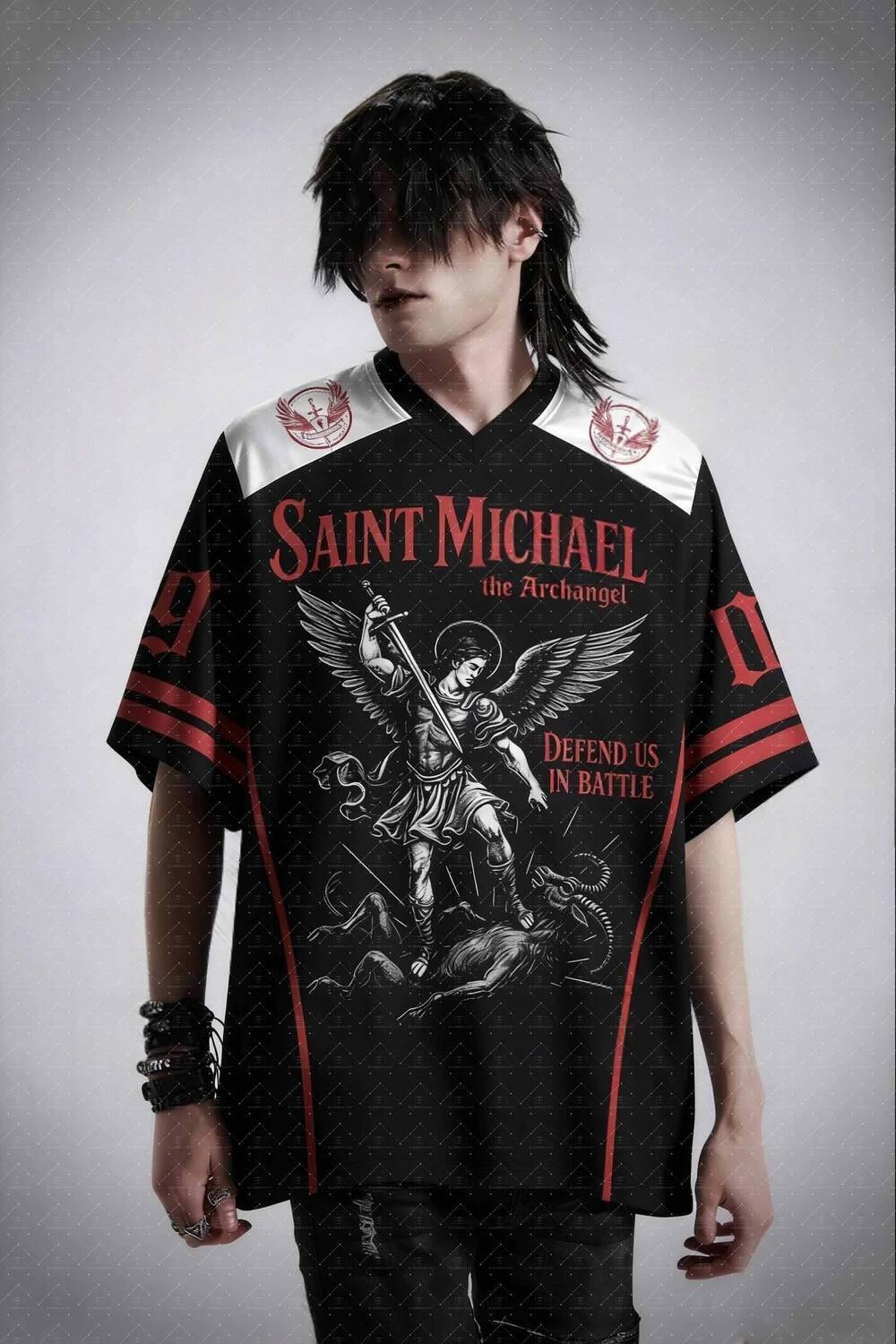 Retro Religious Winged Angel Sword Art Mesh Short Sleeve Jersey Emblem Decor Double Red Stripe Cuff Unisex Goth Street Top