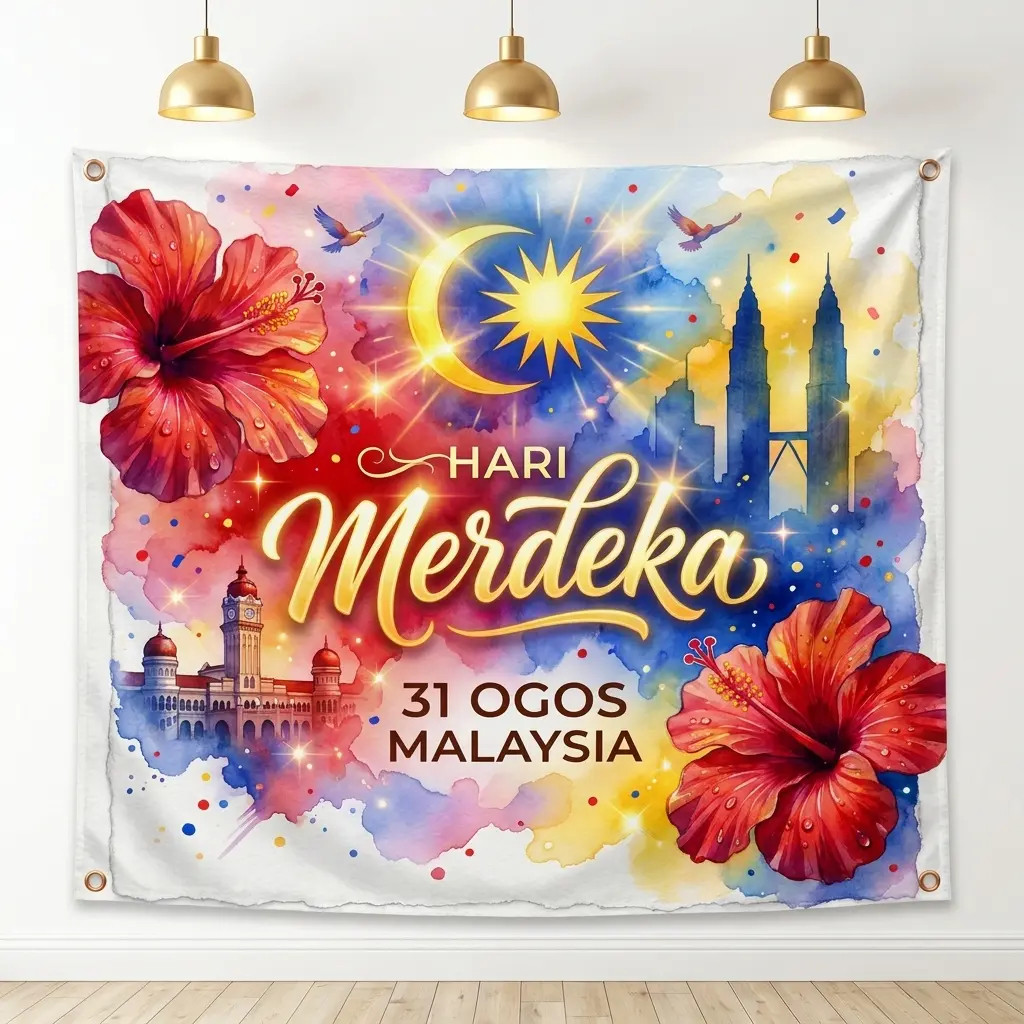 【READY STOCK】Banner Hari Merdeka 2026 Ke-69 Reka Bentuk Kaligrafi Emas Bercahaya Kain Poliester Cetakan HD 6 Saiz Lengkap Backdrop Fotografi Sambutan Perayaan Sekolah Komuniti Pemasangan MudahBanner Merdeka 2026 Hari Kebangsaan Ke-69,Malaysia Bendera,31