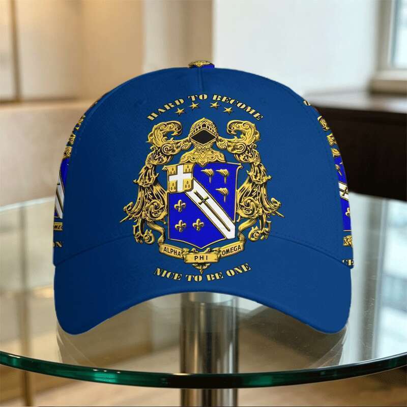 Alpha Phi Omega Crest Cap - Royal Blue Base with Gold Heraldic Shield & "Hard Become, Nice to Be One" Motto, Premium Dad Hat for Fraternity Members