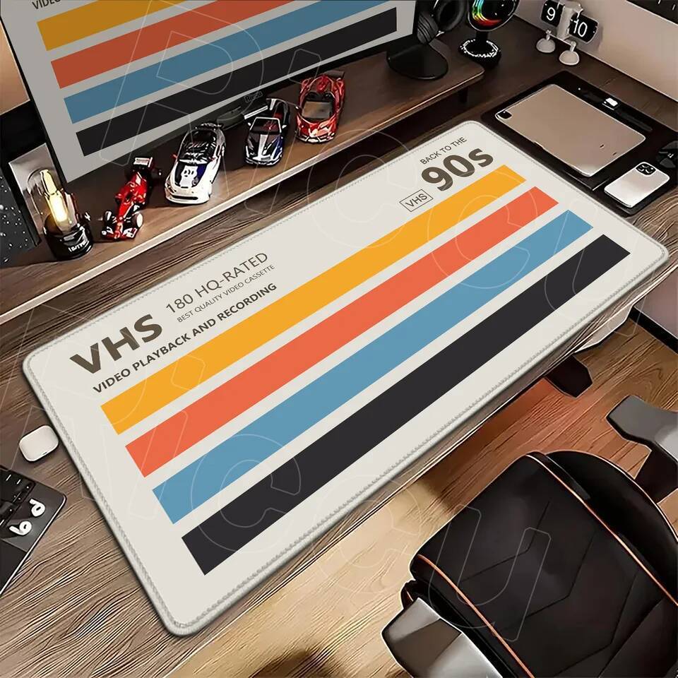 VHS Retro Oversized Mouse Pad 120x60cm Computer Mousepad Minimalism Desk Pad XXXL Stitch Edge Keyboard Mat Gaming Speed Mice Rug