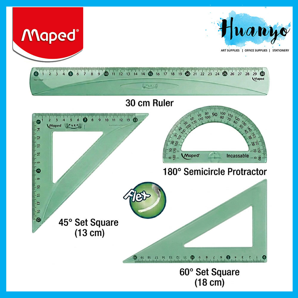 Maped 4 Piece Geometric Flexible Plastic Ruler Set Square Protractor ...