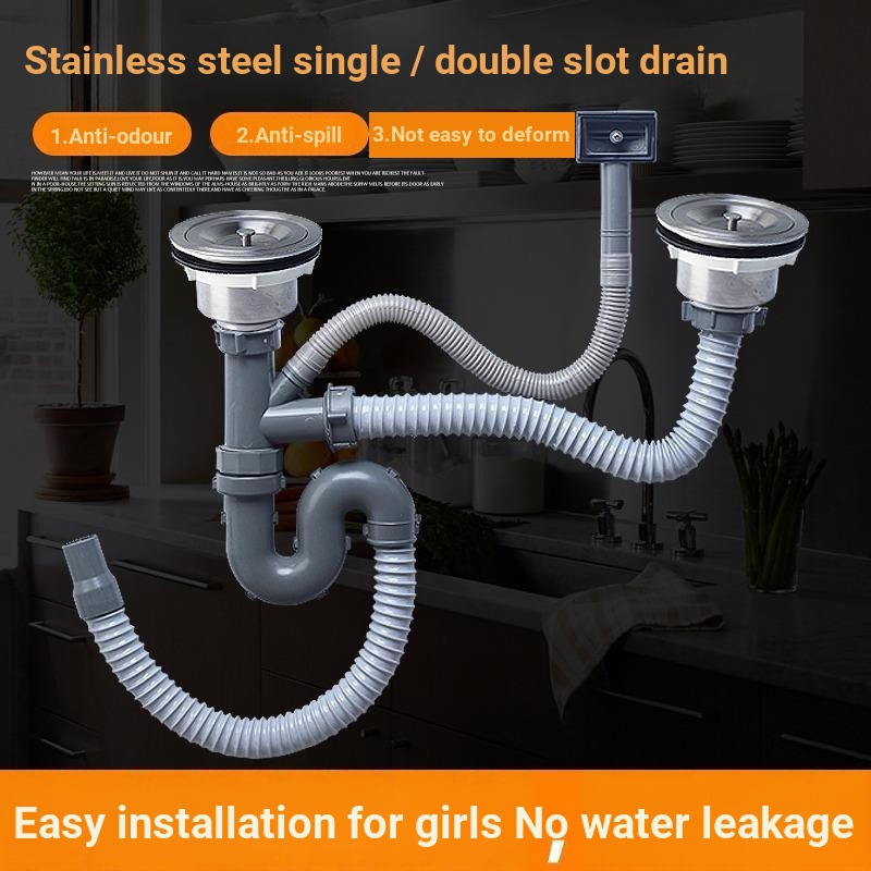 [Sewer Pipe] [High Quality] Kitchen Wash Basin Sewer Pipe Fittings Sink Double Sink Sink Sewer Dishwasher Drain Pipe Set