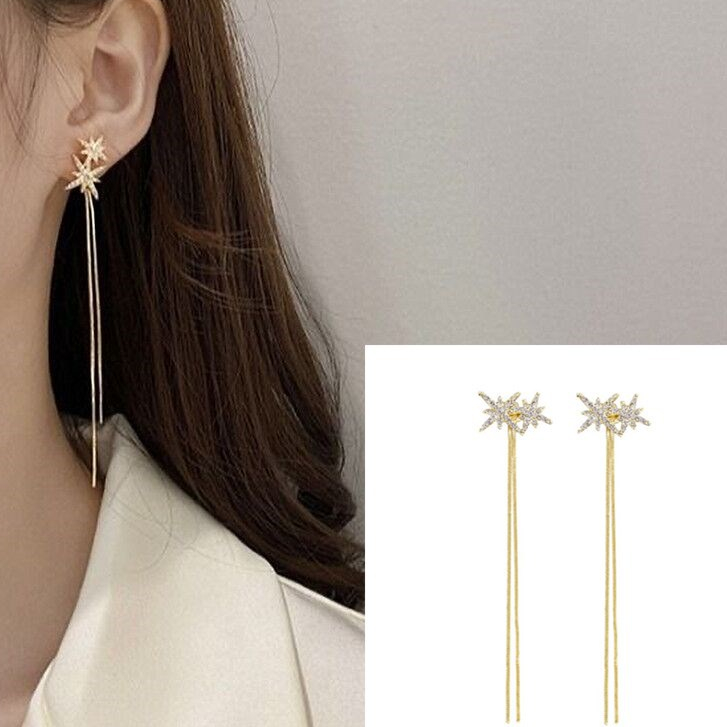 925 Silver Needle One Two-Wear Long Tassel Earrings Unique Versatile Double Eight-Pointed Star Influencer Face @