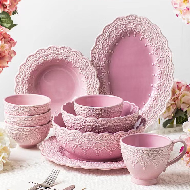 ❤Molly Preferred Princess Pink Embossed Lace Tableware Ceramic Bowl Shallow Plate Deep Mug Soup Noodle Salad Fish