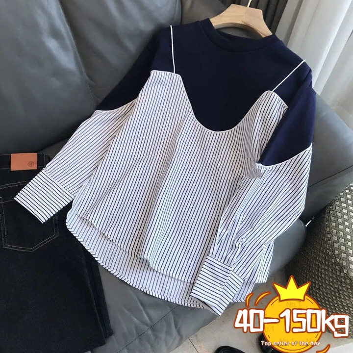 large size 150kg chic design striped long sleeve blouse women top spring baju perempuan baju korean style woman loose blouse plus size splicing fake two-piece baju ootd style perempuan long sleeve shirt women clothing