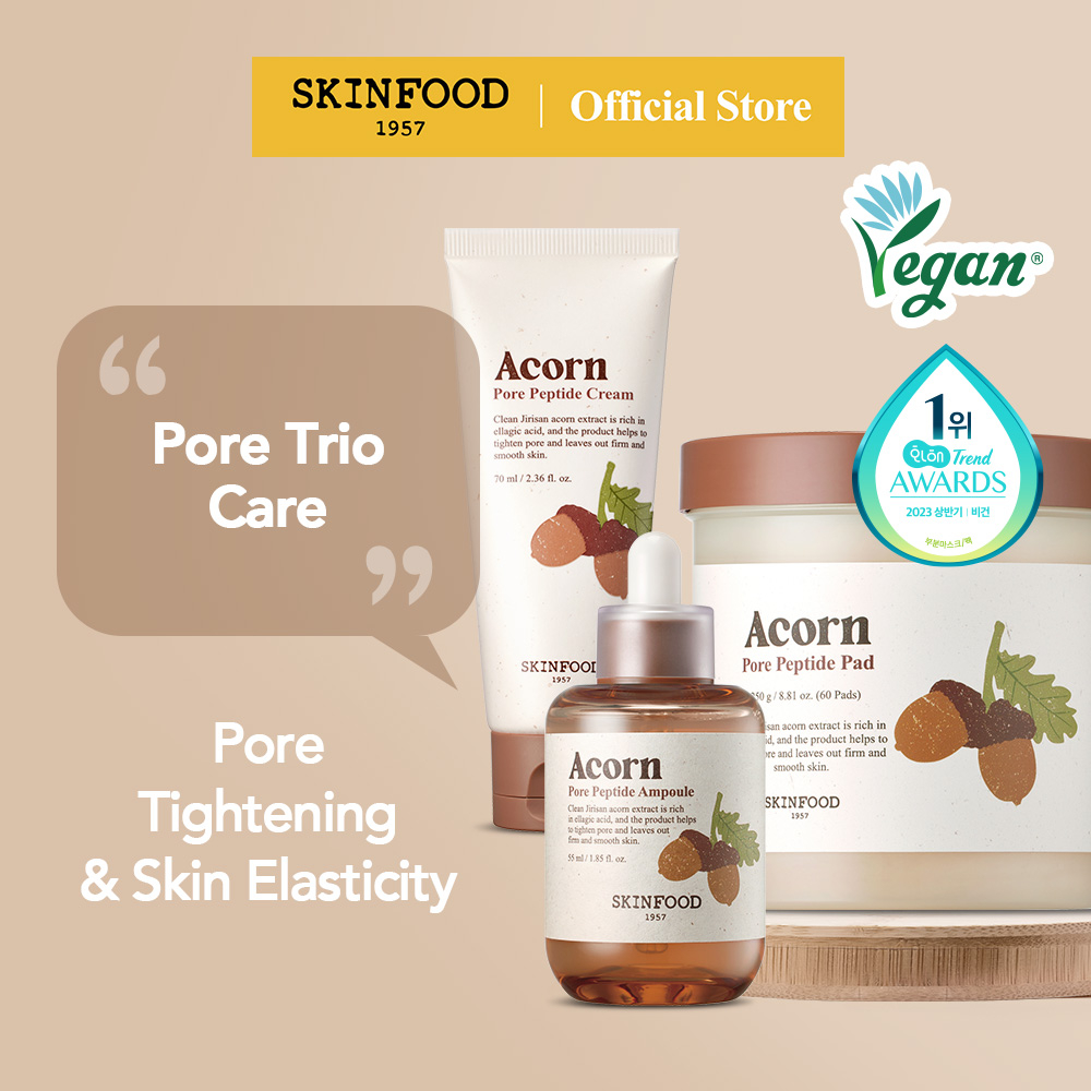 [Set][SKINFOOD Official] Vegan Acorn Pore Peptide Facial Skincare Set Toner Pad 250g + Ampoule 55ml + Cream 70ml / Tighten Enlarged Pores / Improve Skin Elasticity / Increase Skin Firmness