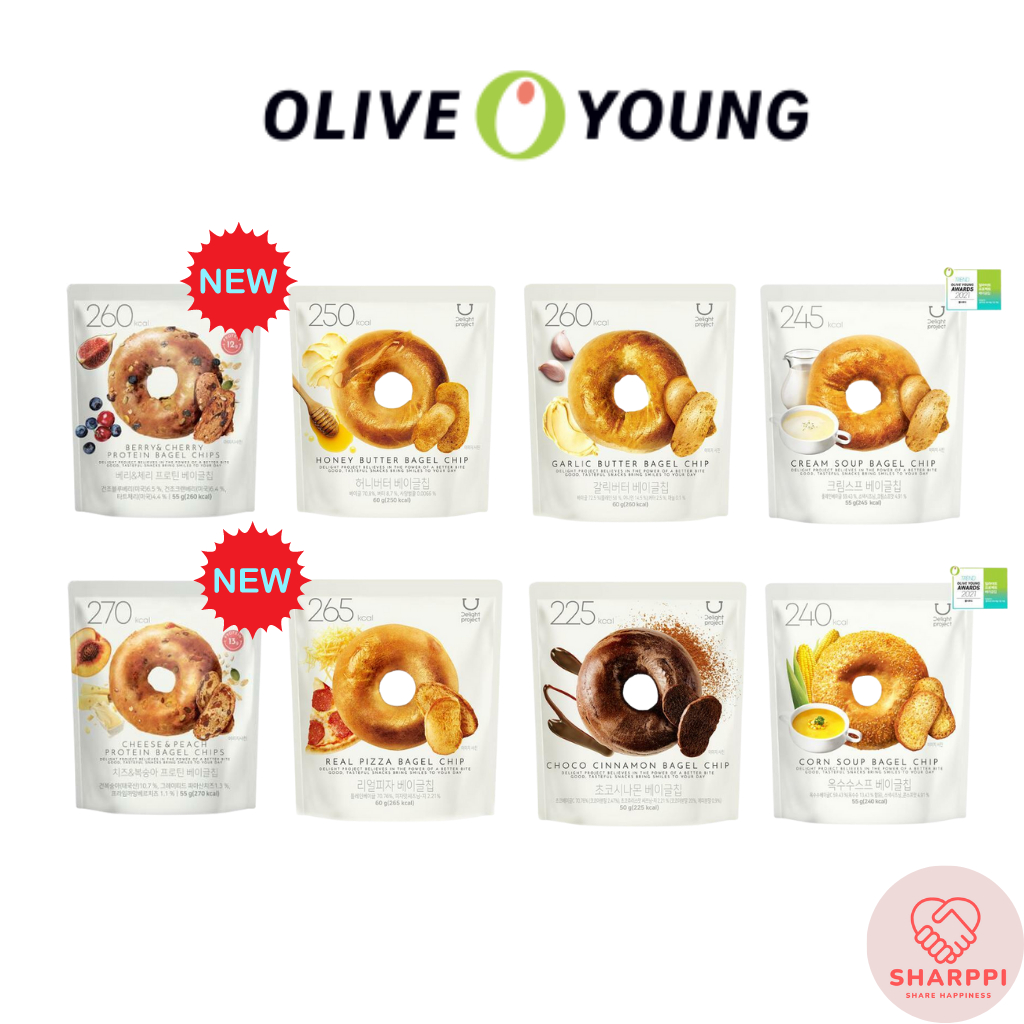 Olive Young Delight Project Bagel Chips Low Calorie Korean Snacks / Honey Butter /Garlic Butter / Real Pizza /Choco Cinnamon / Corn Soup /Cream Soup