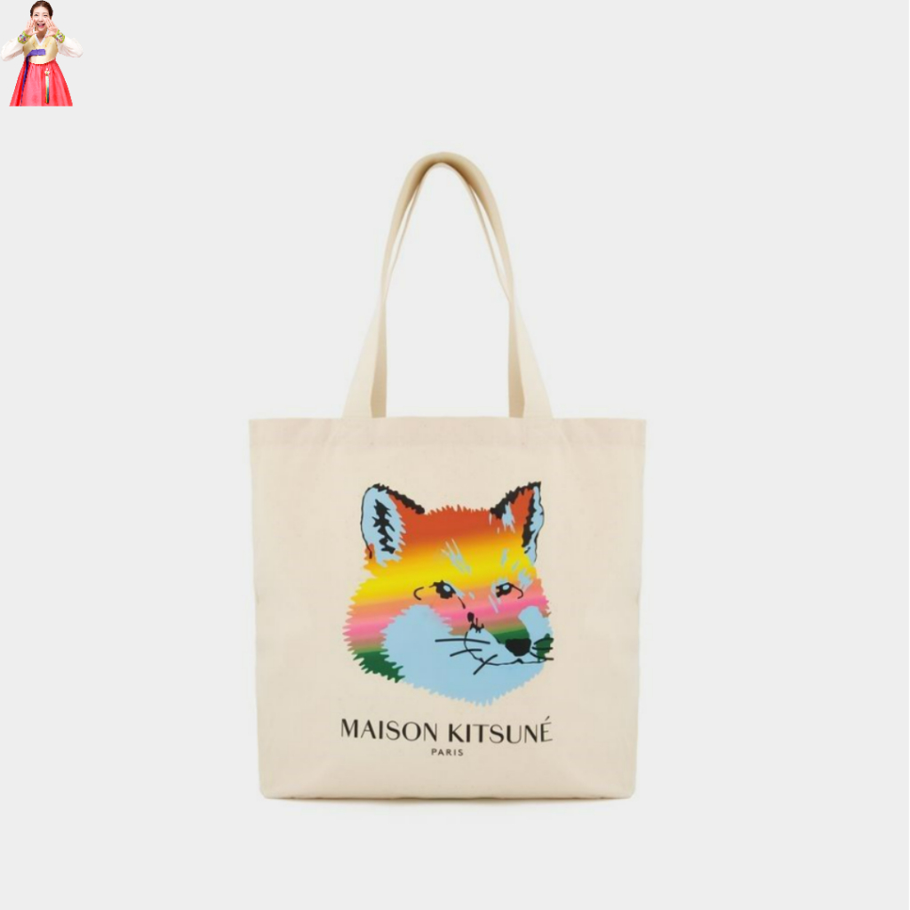 Maison Kitsune Unisex Vibrant Fox Head Eco Bag Tote Bag Cream Cotton