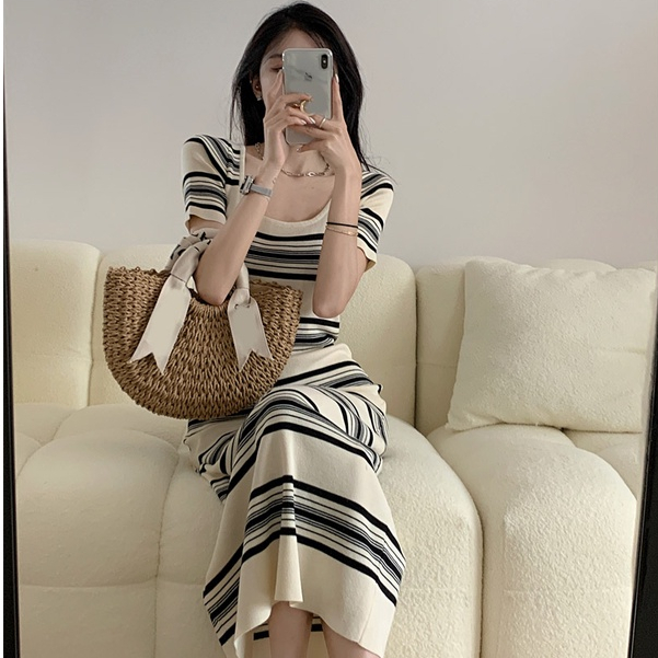 Knitted square neck dress Women's summer casual striped long skirt French waist up skirt