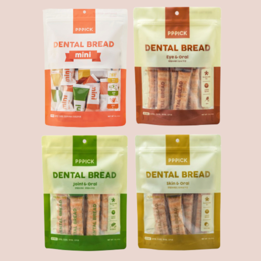 PPPICK Dental Bread Korean Dog Dental Treat MINI Small Size Treat Pouch Bag Assorted Flavors Dog Chew Eye Joint Skin Tartar Plaque Air Dried Dog Treats Pet Dental Chew