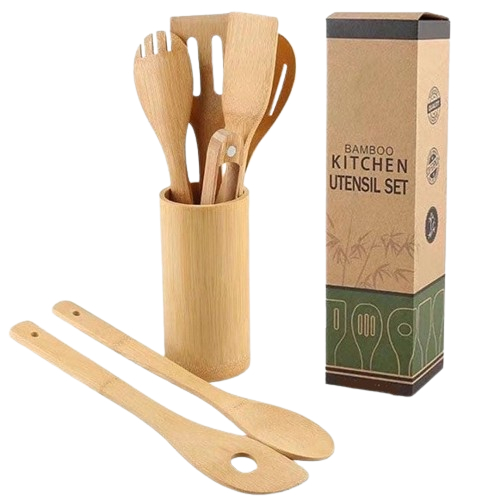 7 in 1 Eco Friendly-Bamboo Kitchen Utensil Set Tool Kitchenware with Bamboo Utensil Holder