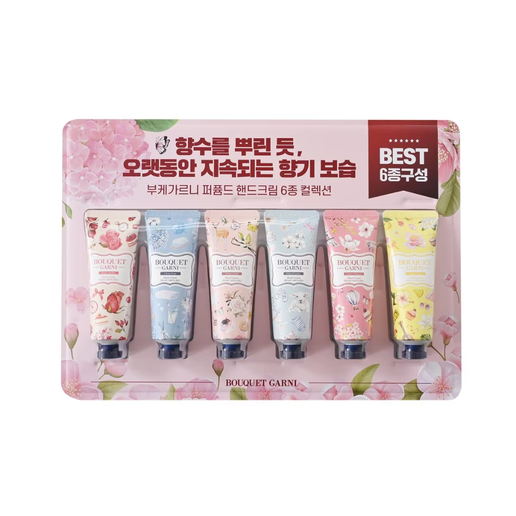 [BOUQUET GARNI]Perfume Hand Cream Best 6 Collection White Musk, Cherry Blossom, Baby Powder, Ylang Ylang, Clean Soap, Rose Garden Each 50ml