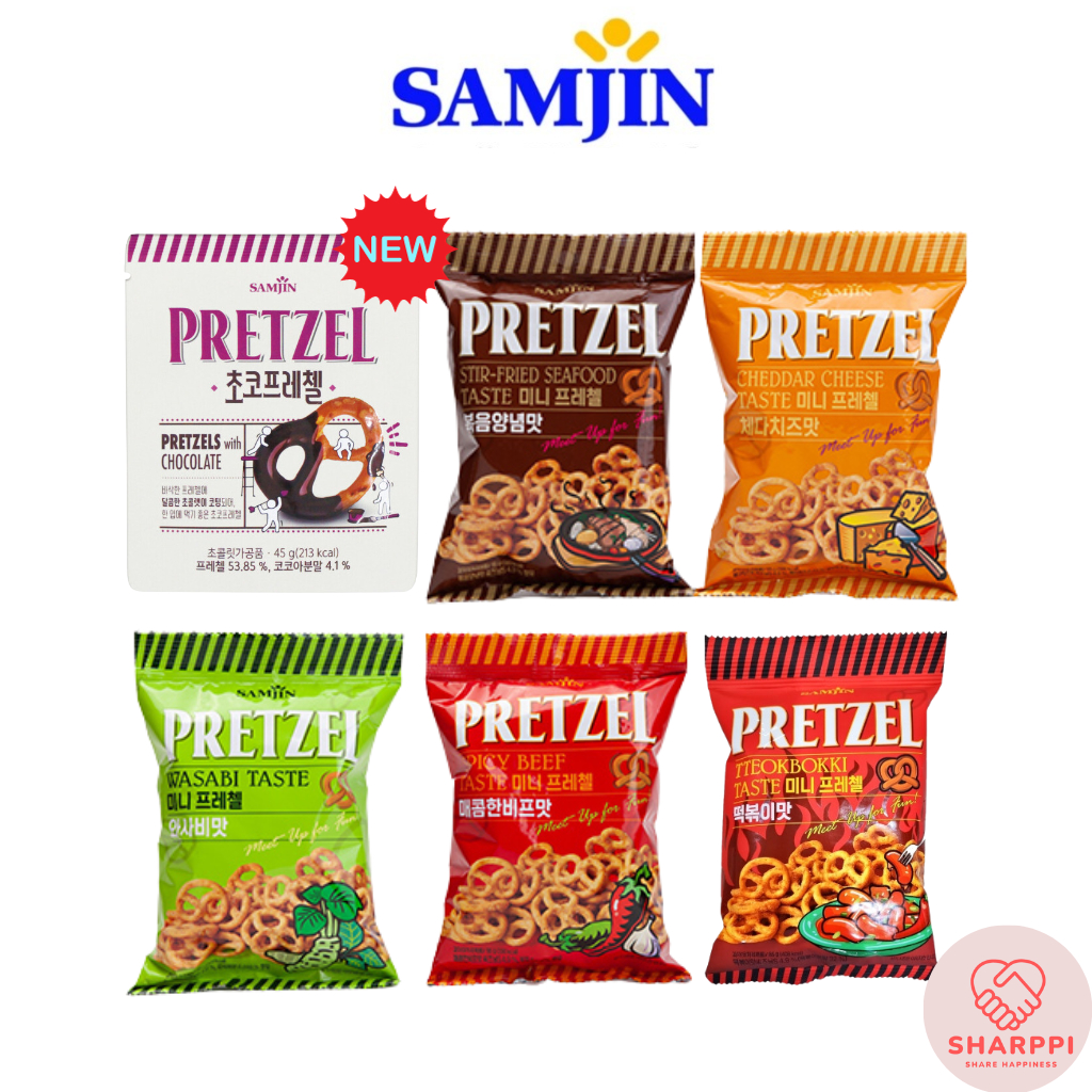 Korean Snacks Samjin Mini Pretzel 85g Collection /Stir Fried Seafood/ Cheddar Cheese/ Wasabi/ Spicy Beef/ Tteokbokki