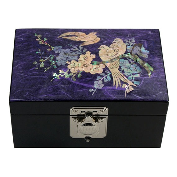 Mother of Pearl Inlay Design Jewelry Box, Wood Jewelry Box, Purple Bird Design Trinket Case, Keepsake Treasure Chest Box Organizer Holder