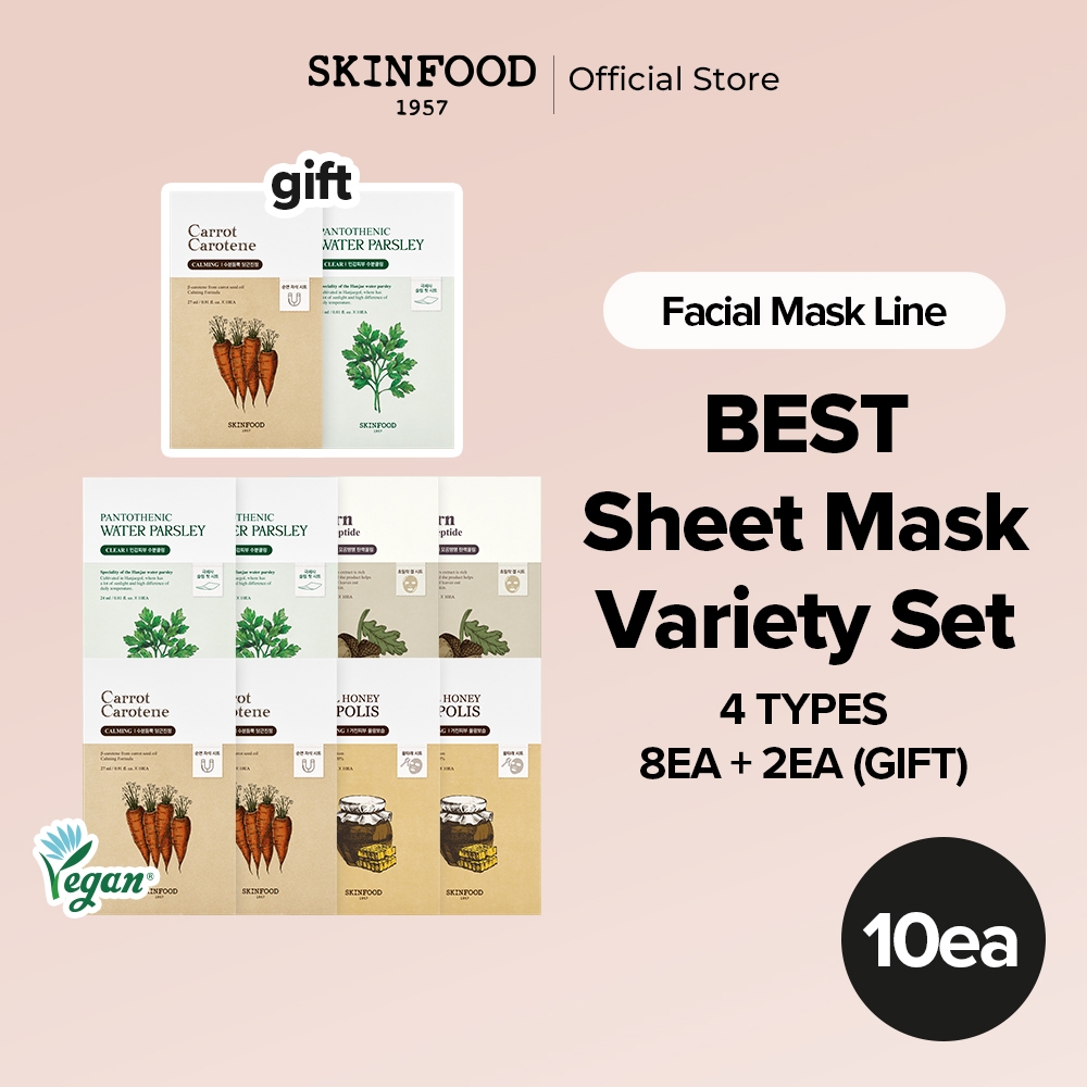 [8+2 sheets][SKINFOOD Official] Variety Sheet Mask Pack 8+2ea / Special Skincare With One Sheet / A Thinly-Adhesive Mask Sheet / Skin Revival Mask Collection (Carrot, Royal Honey Propolis, Water Parsley, Acorn)