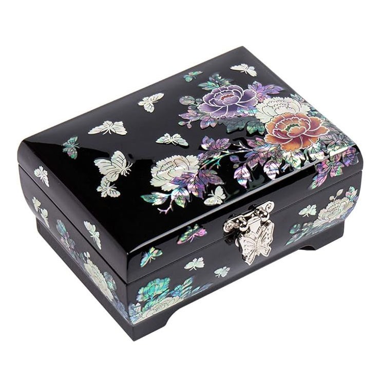 Mother of Pearl Inlay Flower Design Jewelry Box, Black Wood Jewelry Box, Trinket Case, Keepsake Treasure Chest Box Organizer Holder