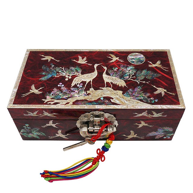 Mother of Pearl Inlay Pine Tree Design Luxury Jewelry Box, Red Wood Jewelry Box, Trinket Case, Keepsake Treasure Chest Box Organizer Holder