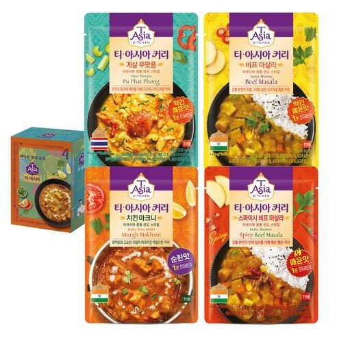 [T-ASIA KITCHIN] T-ASIA Instant Curry 170g X 4ea, Made In Korea / 4 Taste of Pu Phat Phong, Beef Masala, Chichen Murgh Makhani, Spicy Beef Masala / Direct From Korea