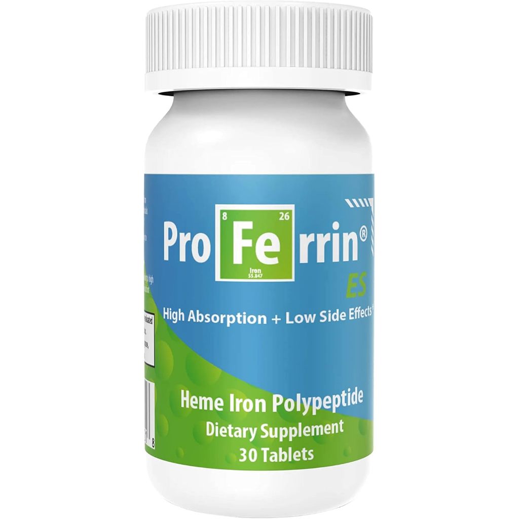 Proferrin ES- 10.5mg of high absorbing Heme Iron Polypeptide 30 Tablets Made in the USA Easy on the gut. Not affected by coffee, calcium, or PPI's.