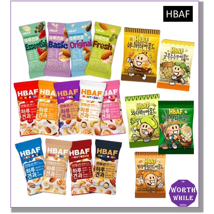 HBAF Honey Butter Almond +22 Flavor, Mixnut, MonToSun/20g~40g, hbaf Mini /Korean Seasoned Almond Snack /Made in Korea /Cookies Cream, Caramel, Wasabi, Baked Corn, Garlic Bread