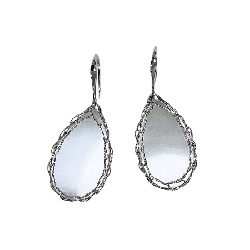 Shiny White Pear Selenite Artisan Drop Dangle Earrings 18K White Gold Plated