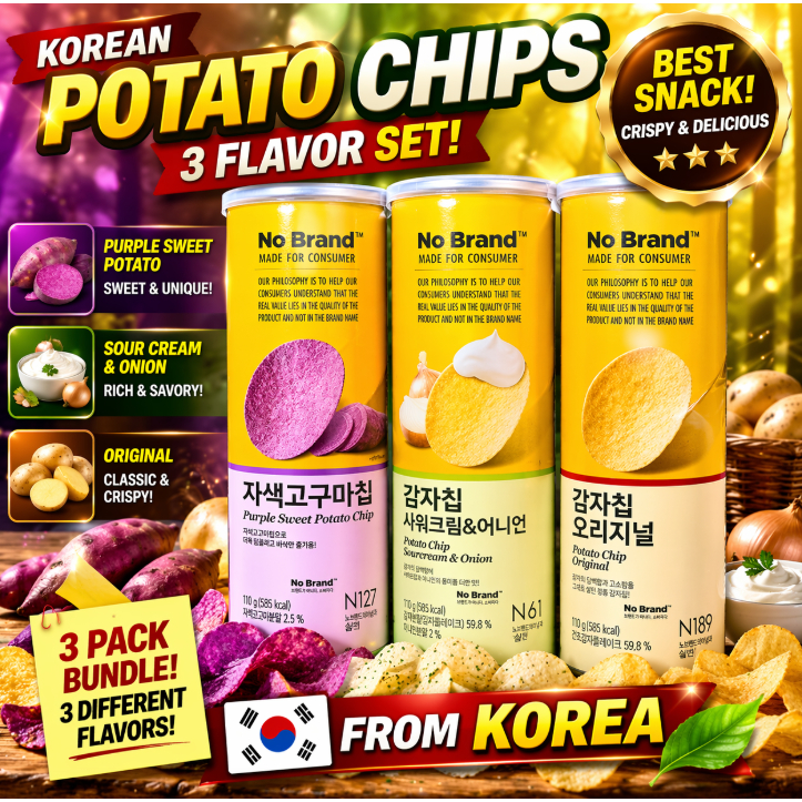 Korean Potato Chips 3 Flavor Set Original Sour Cream Onion Purple Sweet Potato Snack