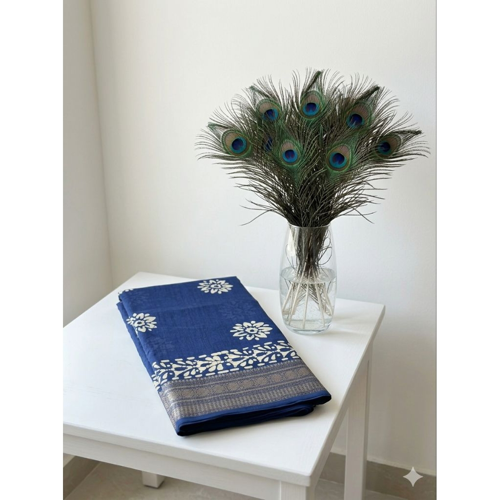 Dark Blue Batik Print Dola Silk Saree Festive Occasions Evening Parties Formal Casual Gatherings