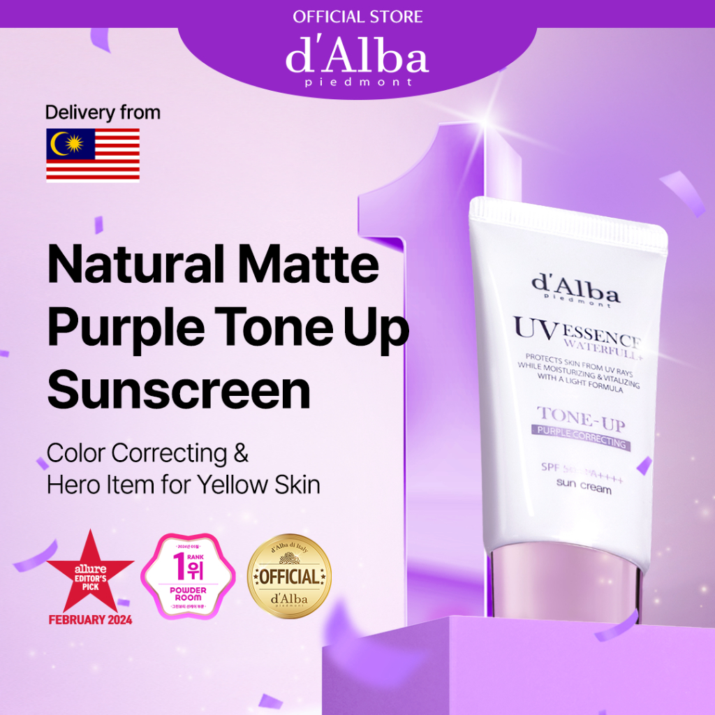 [d'Alba Official] Waterfull Purple Tone-up Sunscreen 50ml, SPF 50+ PA++++, No White Cast, Non-Oily Semi-Matte Korean Sunscreen for Oily Skin, Tinted Tone-Up, Lightweight texture, untuk Kulit Berminyak