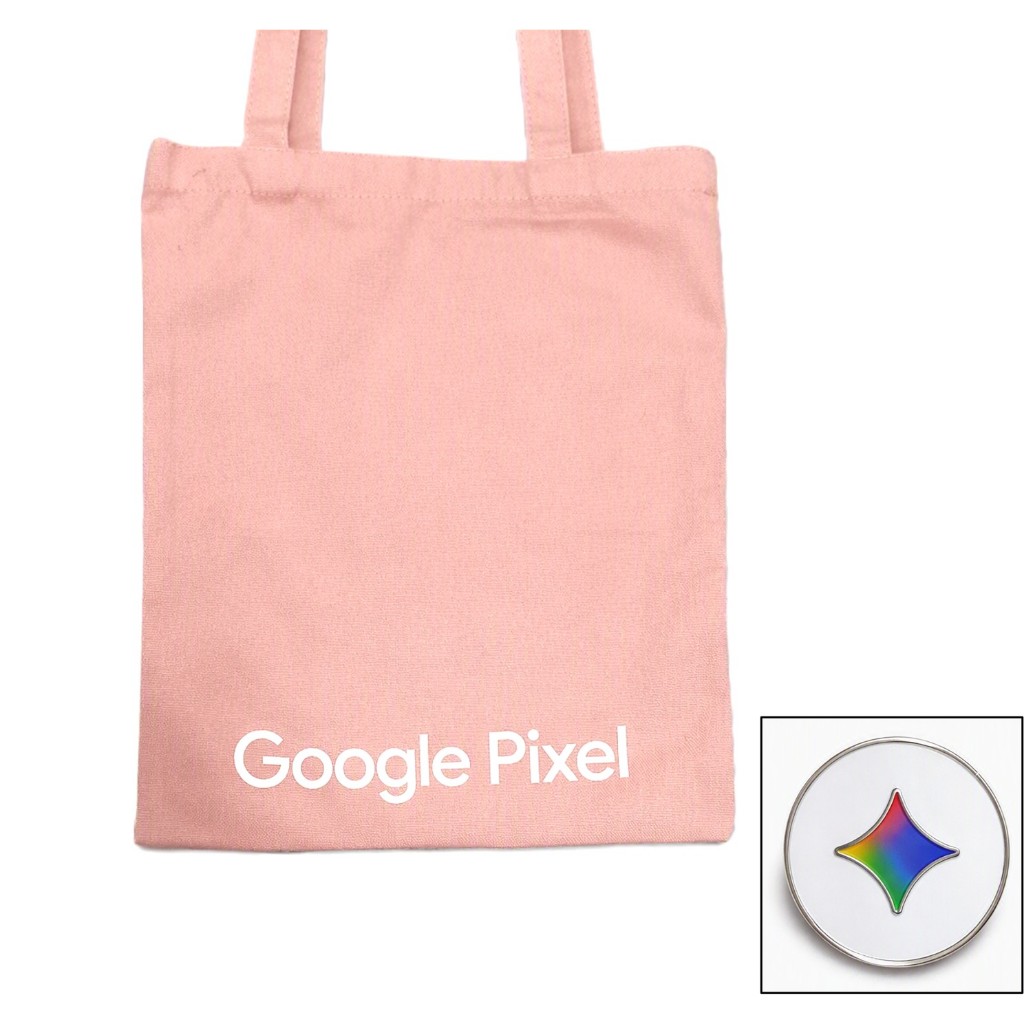 Google Pixel pink orange tote bag / 3.3cm Gemini enamel pin badge
