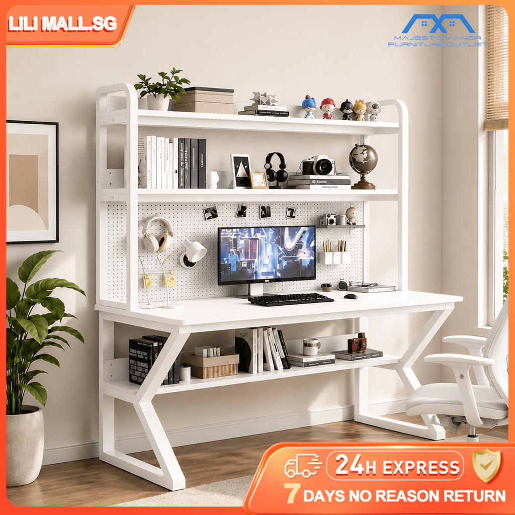 White pegboard desk with bookshelf computer table student desk work table home computer gaming study desk