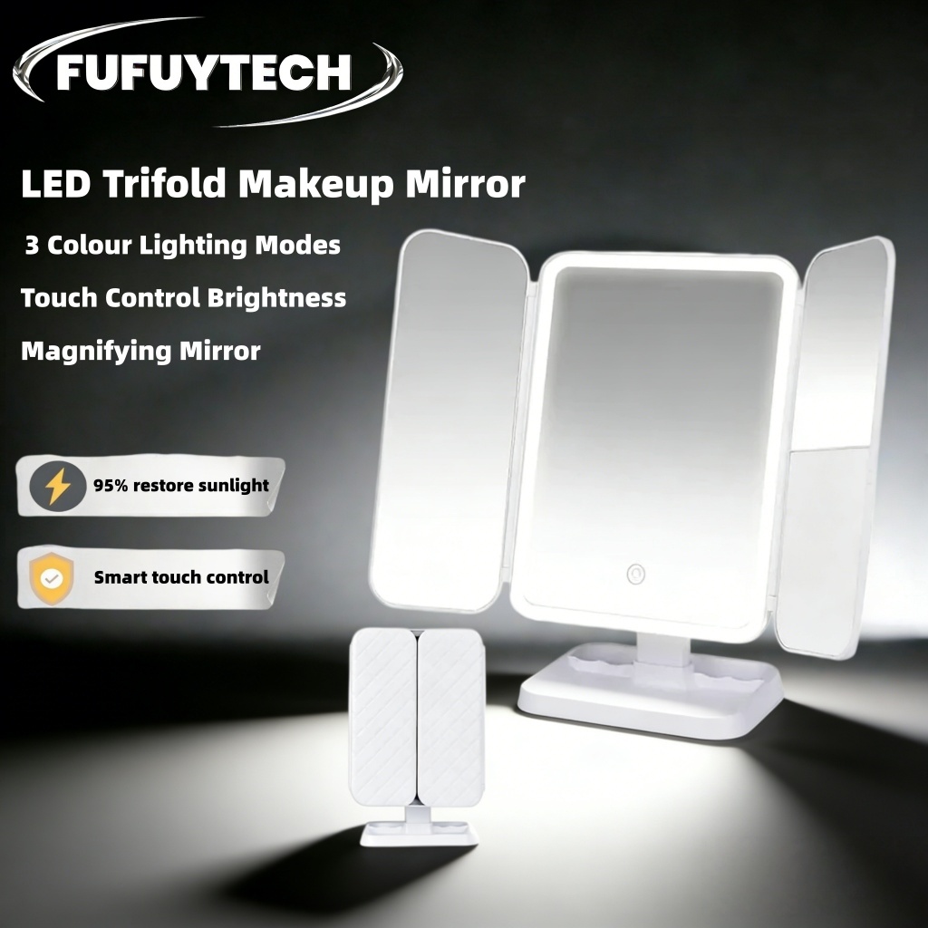 LED Trifold Makeup Mirror 3 Colour Lighting Modes Touch Control Dimmable Magnifying Cosmetic Mirror