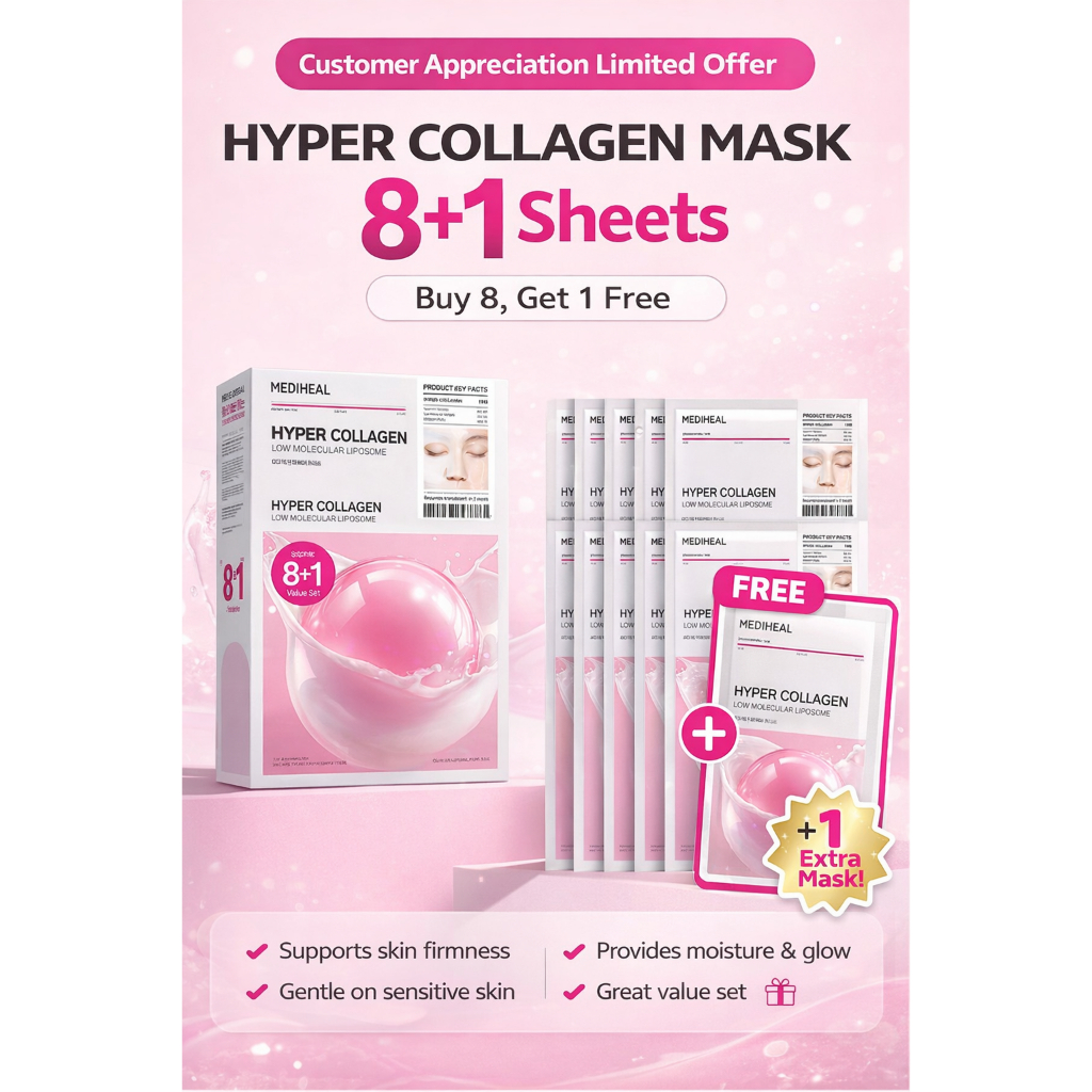 Mediheal Hyper Collagen Mask (8+1 Sheets) – Firming & Glow Care Sheet Mask | Korean Skincare