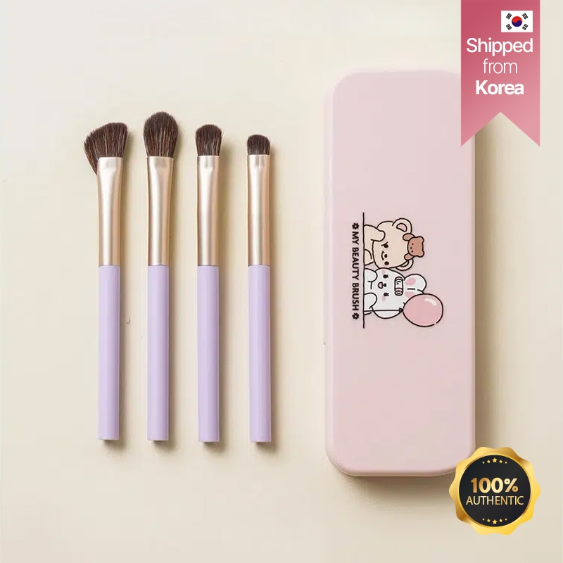 [Daiso Korea] Portable 4-Piece Makeup Brush Set with Mirror Case | Travel Makeup Kit | Soft Synthetic Bristles | Compact All-in-One Beauty Set