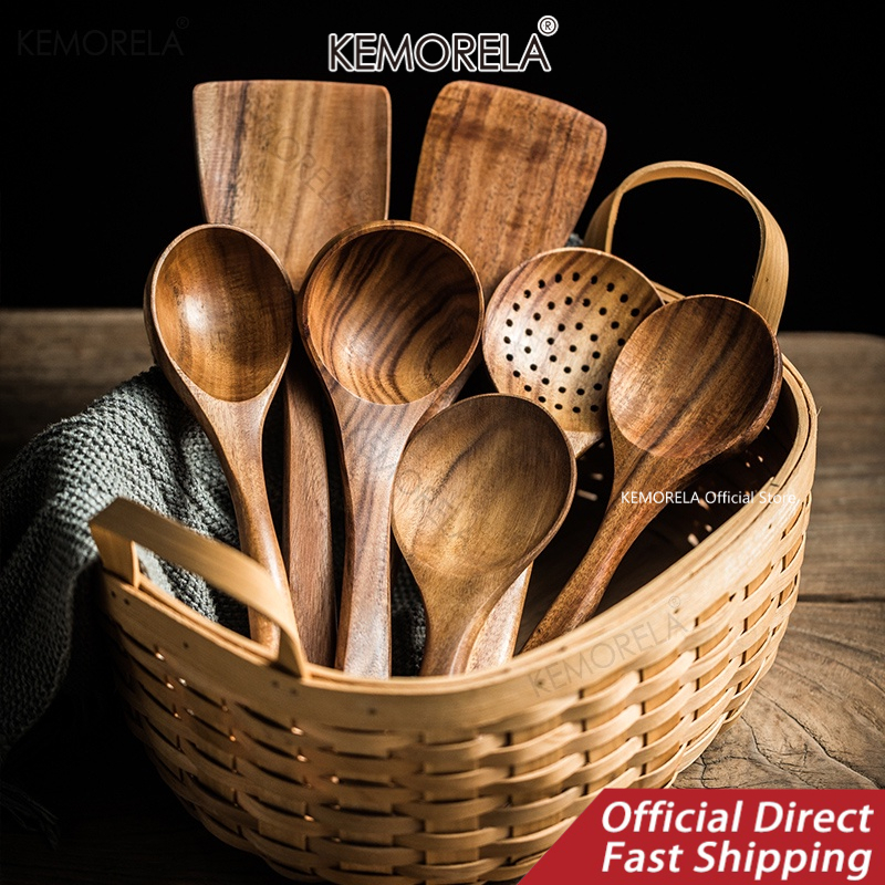 KEMORELA Teak Natural Wood Tableware Wood Kitchenware Spoon Ladle Turner Long Rice Colander Soup Skimmer Cooking Spoons Scoop Kitchen Tool Set 柚木天然木餐具套装 木制厨具套装