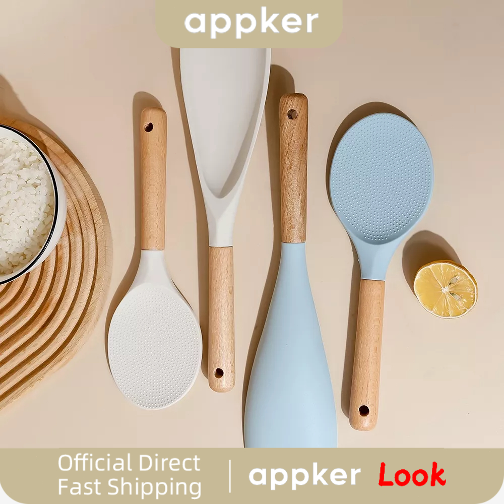 APPKER Simple Silicone Kitchen Tool Heat-Resistan Non-Stick Rice Scoop Japanese Kitchenware Wooden Household Gadgets Kitchen Accessories