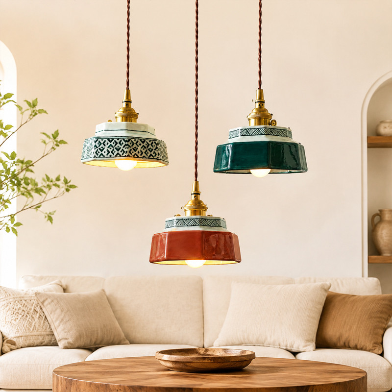 Retro Ceramic Pendant Light Handcrafted Warm Glow Vintage Octagonal Lampshade Solid Brass Fitting For Dining Room Bedroom Balcony Vintage Hanging Lamp For Reading Nook Lampu Gantung Untuk Ruang Makan