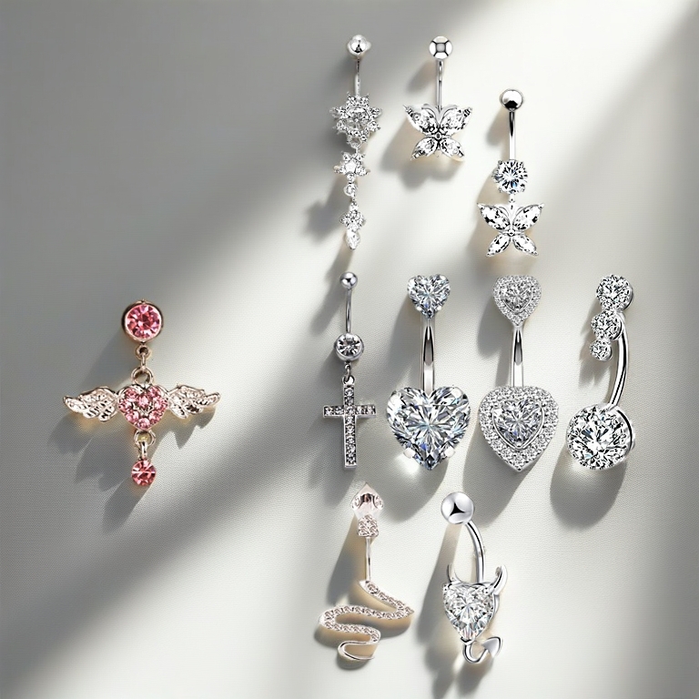 Fashion Boho Pink Crystal Heart Wing Piercing Belly Button Rings Dangle Surgical Stainless Steel Shiny Zircon Butterfly Belly Rings Personality Body Belly Piercing Jewelry Accessor