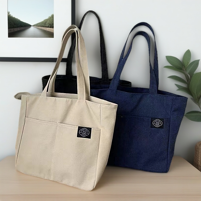 Korean Canvas Bag Tote Bag Multiple Pockets Large Capacity Student Shoulder Bag Women  tote bag pocket