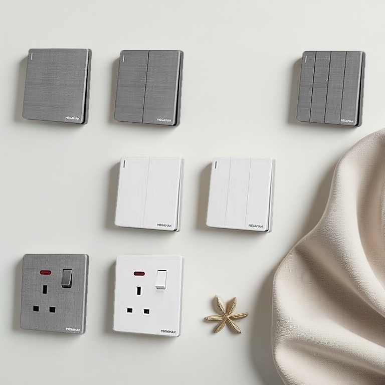 ?SIRIM?Megaman Z8 Switch Socket and Wall Switch Modern Tartan Texture Design 13A 15A 20A 45A Door Bell Astro White/Grey