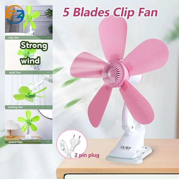 Portable 4in1 5 Soft Blades Adjustable Mini Fan 15W Table Clip Fan Wall Fan Strong Wind 2 Pin Plug Kipas Meja Dinding