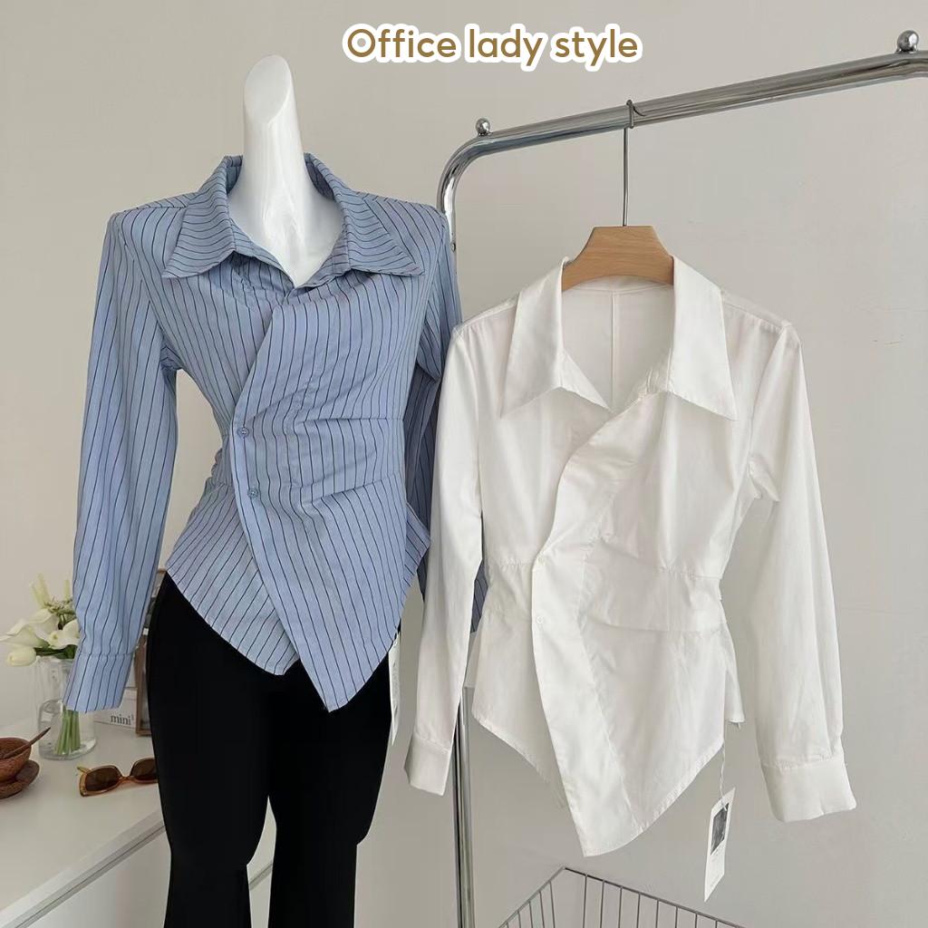 ?Zsndp? [Ready Stock In Malaysia]Blouse Women Korean Female Long Sleeved Shirt V-neck Waist Slim Irregular Blouse Baju Kemeja Perempuan