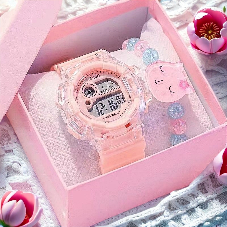 Jam Tangan Elektronik Kanak Kanak Candy Color Electronic Children's Watch Gift Niche Design School Style Multifunctional Sports Luminous Transparent Watch for Kids 6-12 Years Old